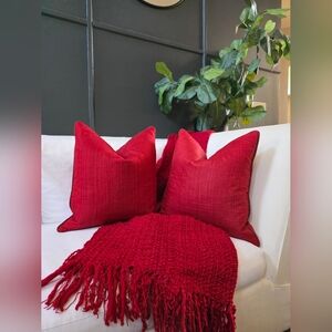 Crate & Barrel Hayward Pillow Cover Vermillion 18' Set Of 2 Silk Holiday Red